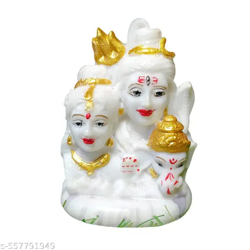 Shiv Privaar Marble Dust Murti for Saawan Puja | Handcrafted white Marble Idol of Shiva, Parvati, and Ganesh Ji Perfect for Home Puja, Temple And Car Dashboard