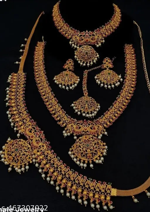 Bridal Gold Plated South Indian Wedding Traditional Temple Jewellery Set Latest Fashion Full Combo For Girls And Women (Golden)