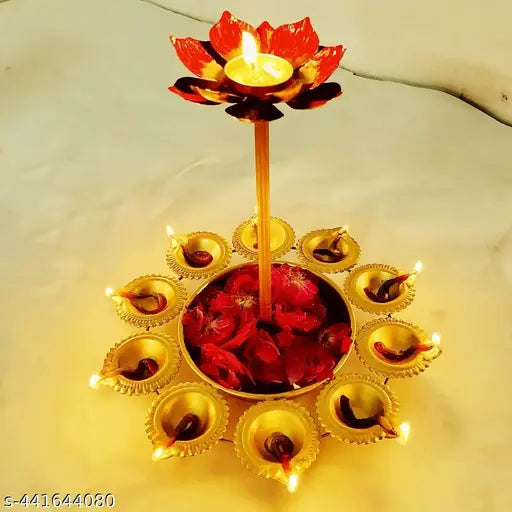 New Diya Flower Urli Bowl – Decorative Bowl & Pooja || Decorative Urli Bowl for Floating Flower for Home and Office || 2 step floral design Urli Bowl for decoration || Diwali Decoration Items, Metal, (Gold) (Candle Urli Bowl)