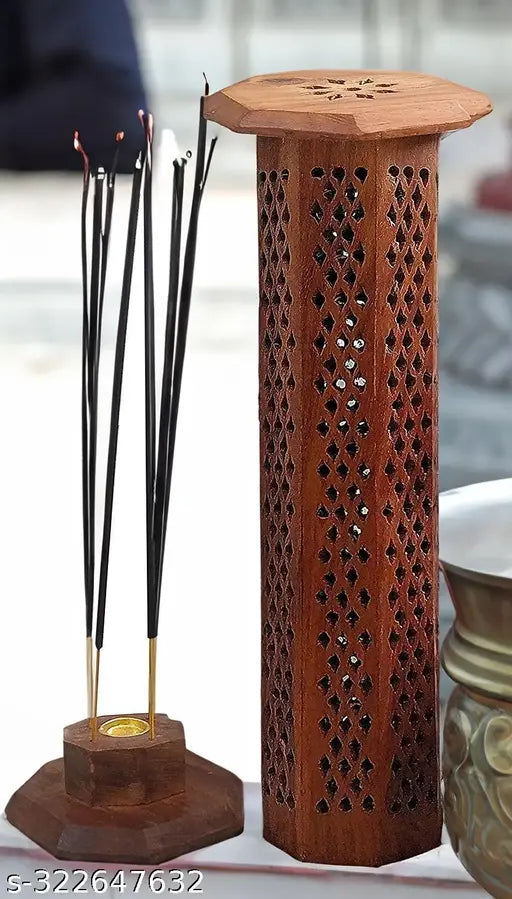 HusNain Sheesham Wooden and Brass Agarbati Holder, Dhoop Agarbatti Stick Wodden Box Holder Stand