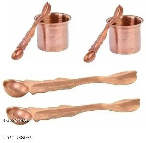 NAVYAKSH Combo Of 2 Pcs Copper Punch Patra Spoon With 2 Pcs Panch Patra Glass With Spoon Brass (Gold)