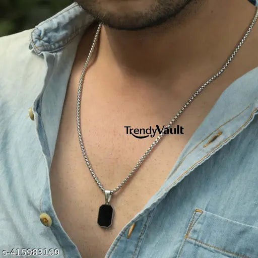TRENDYVAULT ™Geometric Necklace for Men Women, Stainless Steel Square Rectangle Pendant with Box Rope Chain,