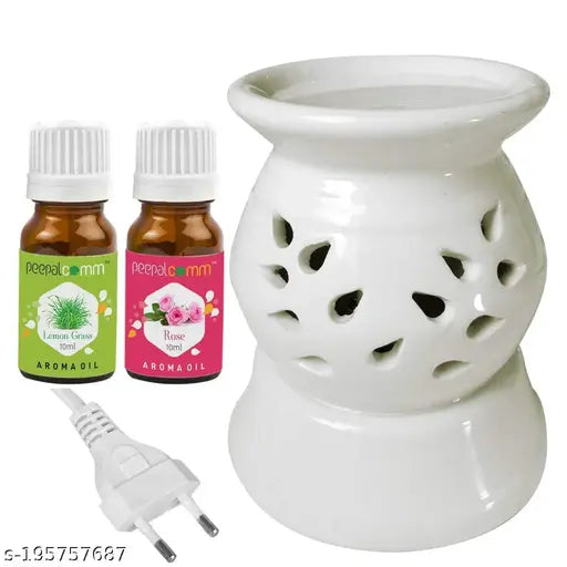 PeepalComm Ceramic Electric Aroma Diffuser Night Lamp Light with Lemongrass Rose Aroma Oil 10ml Each for Home Office Hotel Spa