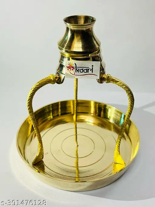 Sanskaari |  Brass Stand For Shivling Without Shivling with Brass Thali | Brass Pooja Plate Thali with Shivling Stand and Abhishek Lota Brass Kalash / Shivling Stand shiva lingam stand / shivling kalash stand Without Shivling / Brass Puja Bhog Thali 12 Cm