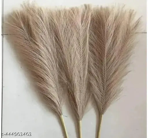 TS ARTS & CRAFT 3 Pcs Artificial Faux pampass Fluffy Flowers Fake Flower for Home, Christmas, Wedding Decoration, Office, Bedroom, Balcony, Living Room, Table Decoration, Plants and Craft Items Corner (Brown) (Without Vase Pot)