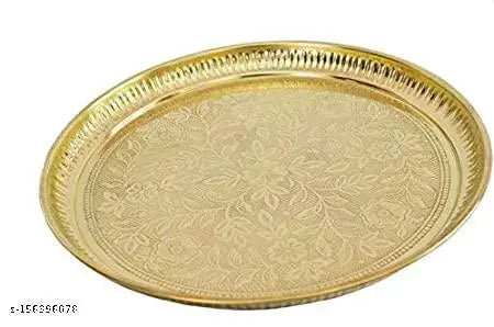Skywalk Handmade Brass Puja Thali with Flower Embossed Design (Gold, 8 Inch)