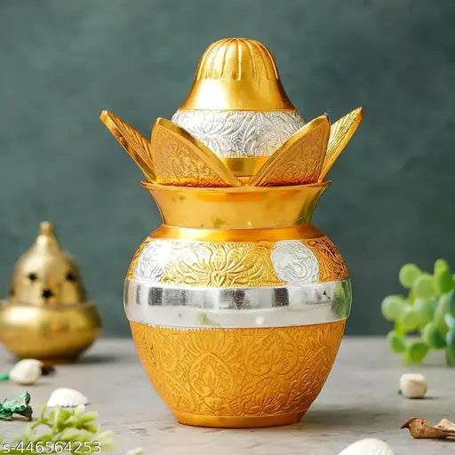 I M Handicraft Online Premium German Silver & Gold Plated Kalash Lota with Coconut,Leaves and Royal Red Velvet Box for Pooja,Temple Use, Home Decor, Wedding Gift (Medium) - 7 inch