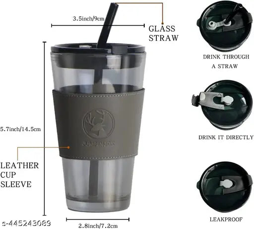 450ML Coffee Drinking Glasses with Lids and Glass Straw With Leather Cover Glass Tumbler Mug for Cold & Hot Drinks, Tea, Coffee, Water, Soda, Cocktail Gift_(PACK OF 1)_Multicolor