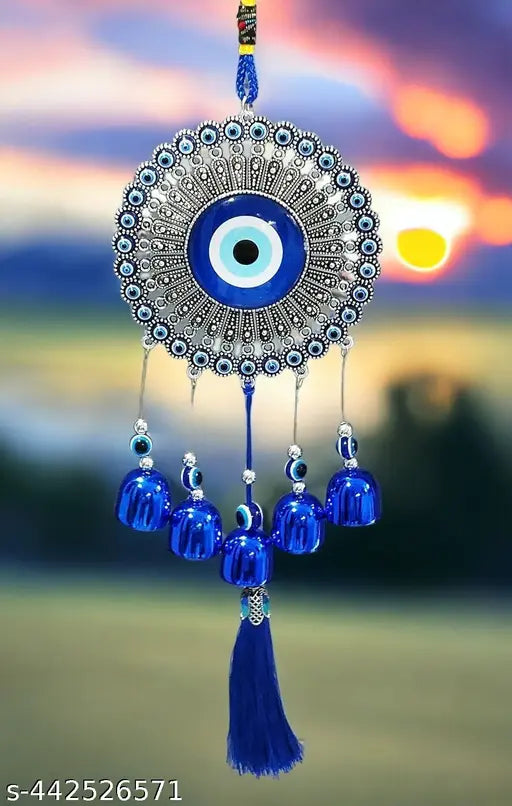 PAYSTORE 5 Bells Evil Eye Wind Chime Charm for Good Luck Positive Vibes and Prosperity at Home/Office/Work Place Nazar Battu Lucky Hanging Home Décor (Silver and Blue)