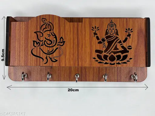 KusumCrafts Beautiful Wooden Key Holder For Wall Home Decor, Mobile Phone Stand With Two Compartments and Side Shelf Wood Key Holder( Pack of 1 )