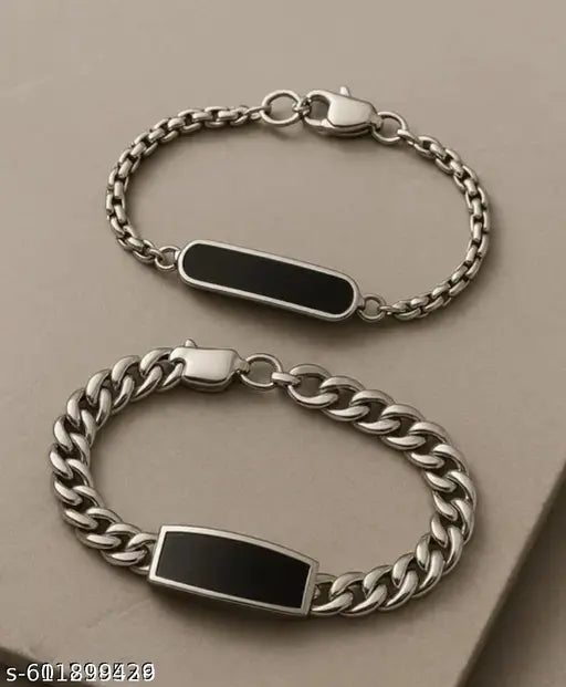 Stylish Stainless Steel Couple Bracelets - Black Engraved ID Plate Design for Men & Women, Trendy Adjustable Link Chain Set