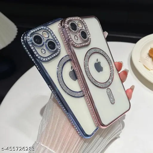 i-phone 15 Clear Magnetic Diamond Glitterr Case with Full Camera Protection Rhinestone Luxury Plating Bling Transparent for Magsaf Women Girls Cute Phone Case Cover (Pink)