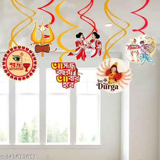 Zyozi Durga Puja Theme Hanging Swirls - Durga Puja Hanging Swirls for Celebrations/Decoration for Durga Puja Backdrop Items (Pack Of 6)