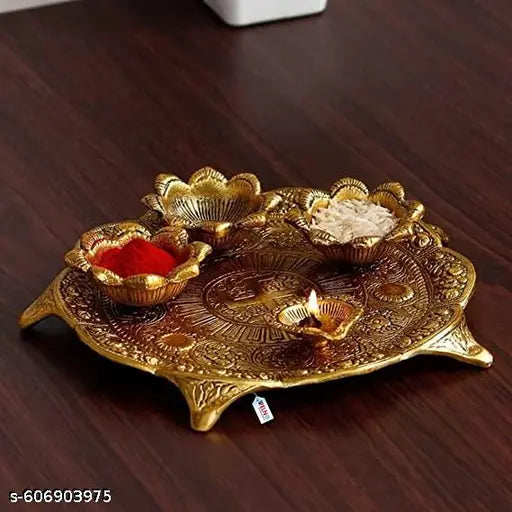 Big puja thali set of 4 diya metal and aluminiumShowpiece item, Home decoration, Room decoration, Temple decoration, Office decoration Gift item,