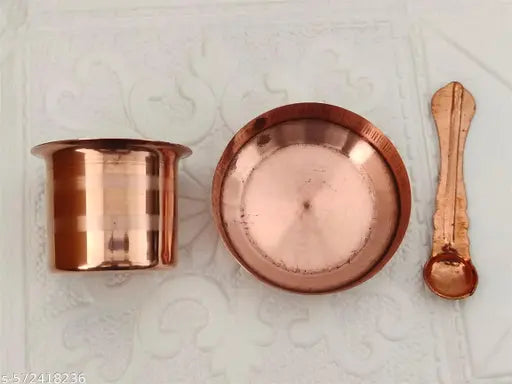 DHARTI MART  Pure Copper Panchapatra Udharini Set with Anchmani Spoon and Plate