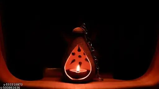 SBM Groups Terracotta Clay Oil Coconut Shape Lamp - |Clay Diya Pooja Lamp| |Oil Lamp with Cover| Hanging lamp with chain |Clay lamp for Pooja| -Inspired Decorative Light Fixture for Ambiance | |Mud Oil Lamp| (Pack of 1)