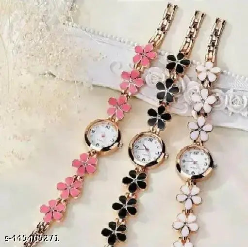 Flower Combo Wrist White Dial Pink Strap Analog Watch for Girls Pack of 3