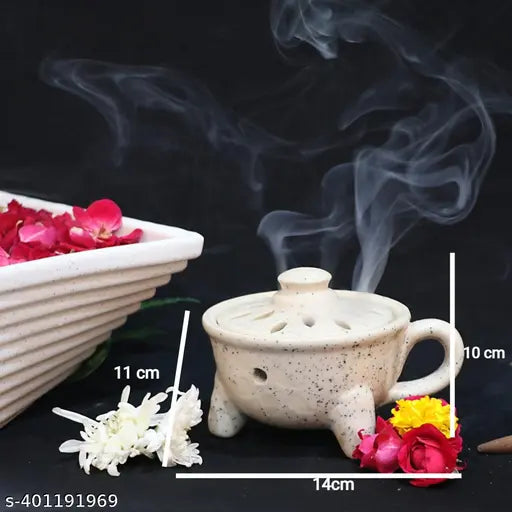 Global Aroma Ceramic Dhoop Patra, Dhoopdaan,Handcrafted Incense Dhoop Burner (White)