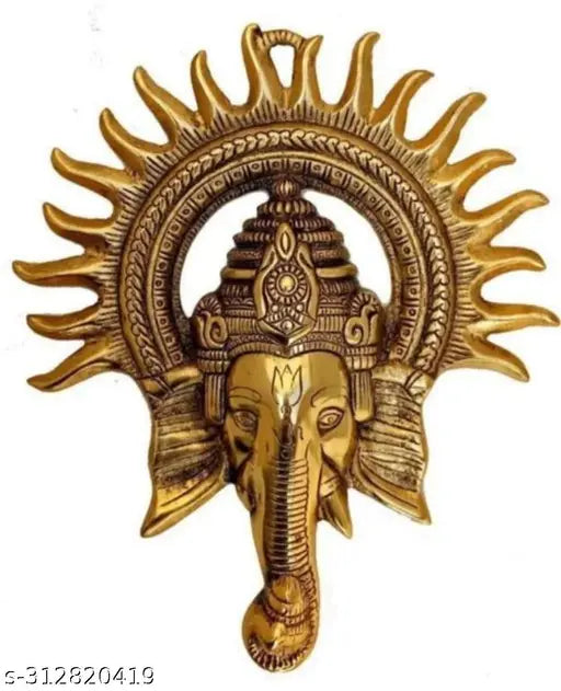 Lord Ganesh with Surya Kiran wall hanging statue for home & office, used for Vastu & decoration | For prosperity, power & good luck in life | Handcrafted Golden Color White Metal Idol |