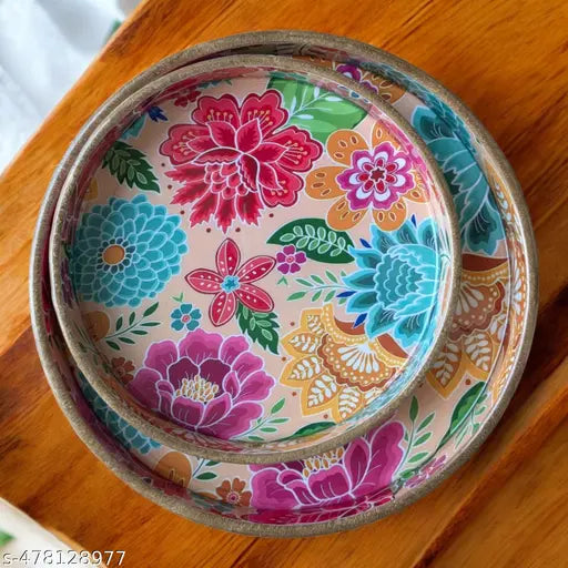 Madarks Floral Bliss Round MDF Decorative Tray Set, 9 and 7 Inch Diameter, 1 Inch Height