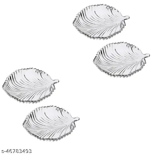 Stylish Modern Elegant Transparent Crystal Lightweight Durable Glass 20 cm Leaf Plate for Serving Dry Fruits, Snacks, Candy Ice Cream Sweets and Decoration Home Decor (Leaf Plate - 4 PC) (Leaf Plate -4 PC)