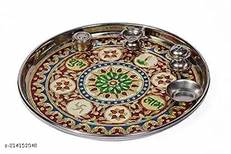 Decorative Pooja thali/Ornate Embellished Pooja Plate/Traditional aarti thali/Decorated Pooja Tray/Indian Pooja thali with diyas/Puja thali Set with Incense Holder (10 inch)