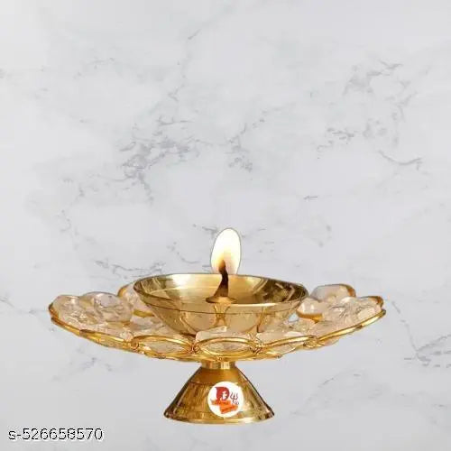 ELITETOUCH   Brass glass Plate Diya Round Shape Deep Akhand Jyoti Oil Lamp for Puja and Home Decor