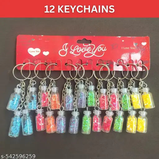 PaperTreat - 12 Pcs. | 2 Glass bottles Keychain with Sparkle  | Stylish and Trendy| Best for Personal Use & Return Gifts for Bike and Car