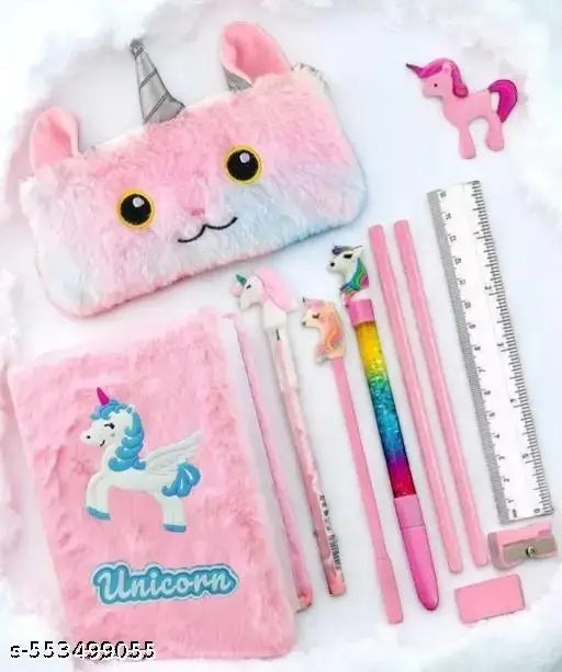 Unicorn fur diary small pocket a6 size notebook with pink feather pouch , water glitter pen , pencil , eraser * sharpener, school stationary supply for girls kids ( pack of 11 items ).