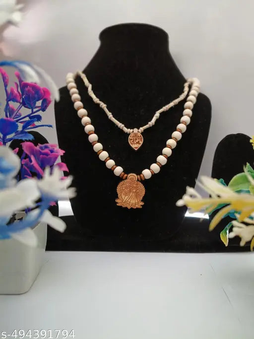 Dev Vidhya 100% Orginal Tulsi Wooden Radha Krishna locket Mala with Brown Beads For Spiritual Journey (Pack Of 2 )