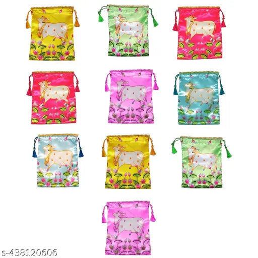 Pack of 10 Gomatha Design Potli Bags - Thamboolam Bags for Varalakshmi Pooja - Potli Bags for Return Gifts - Thamboolam Bags - Return Gifts for VaraLaxmi Vratham - Return Gifts for Housewarming - Potli Bags (Multi Colour)