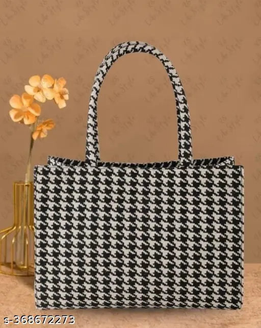 Women Fancy Fabric Handbag (Black, White)