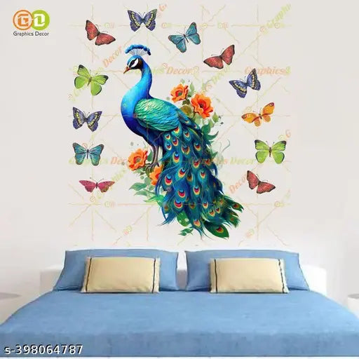 GRAPHICS DECOR | Green 3D Peacock with Butterflies Wall Stickers (61x66 cm)