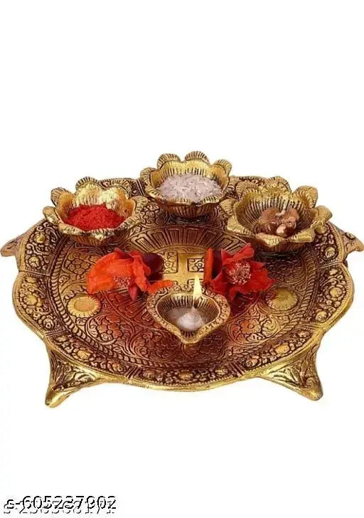 Puja thali big with 4 diya metal for puja and worship and Temple decoration Showpiece item, Home decoration, Room decoration, Temple decoration, Office decoration Gift item