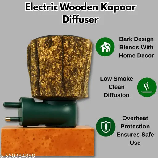 Electric Wooden Kapoor Diffuser | Premium Bark Design Camphor Diffuser for Pooja, Meditation, Home Fragrance & Mosquito Repellent