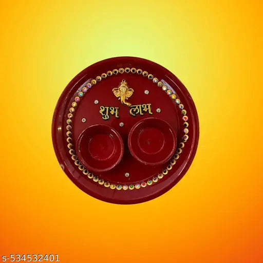 Size 6 Inch Subh Labh Pooja Small Thali For Rakhi Puja Thali Decorative Stainless Steel Hand Paint Ganesha Pooja Aarti Thali Set with Haldi Kumkum Holder or Rolli Chawal Plate Rakshabandhan Festival Pooja Thali  With Free One Rudraksh Rakhi Small Pooja Th