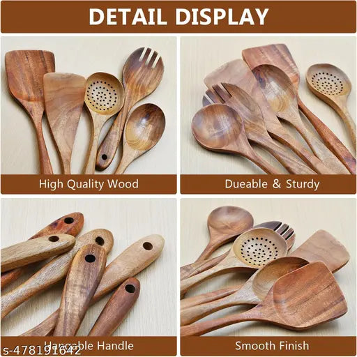 Handmade Neem Wood Spatula Non-Stick Cooking & Serving Kitchen Tools Premium Wooden Serving Spoon, Dessert Spoon, Table Spoon Set  (Pack of 6)