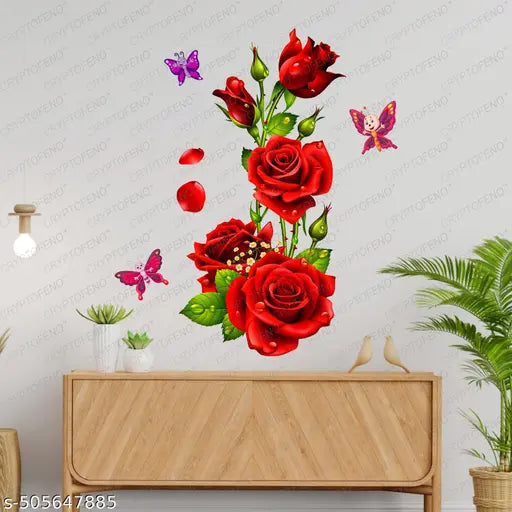 Red Rose Flower - Valentine florals - Self Adhesive Wall Sticker ( Packed Of 1 )