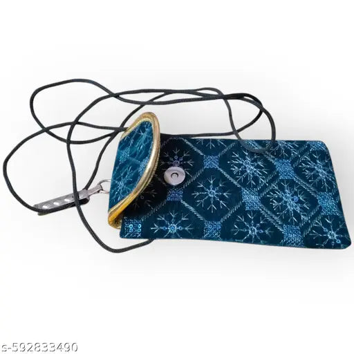 SUMERA WARQ Velvet Mobile Phone Pouch, Snowflake Embroidered Pattern, Multicolor with Gold Trim, Sling and Clip