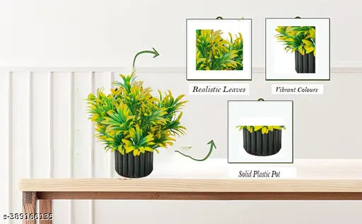 Olive Trees Bamboo Leaves Small Green Artificial Fake Plant for Home Décor with Pot- Indoor Artificial Plant with Pot for Decoration of Living Room Showcase or Office Table With Black Elegant Pot