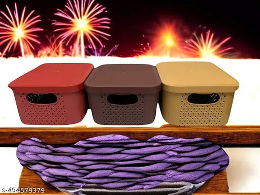 Royal Basket With lids-Large (Pack of 3 with 3 lids) Multipurpose Plastic Storage Rectangular Shape Baskets For Wardrobe/Home/Kitchen