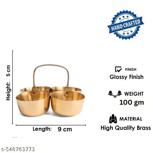Brass Pooja Thali Set with Haldi Kumkum Rice Mishri | 4-in-1 Pooja Samagri Bowl Set with Handle | Temple Ritual Item for Home & Festival Use