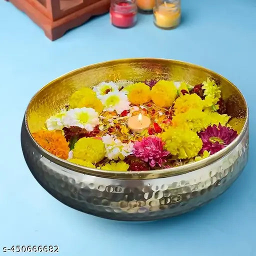 Elegant 9-Inch Hammered Urli Bowl for Floating Flowers and Tea-Light Candles | Ideal for Home, Office, Diwali Decorations, and Festive Table Decor