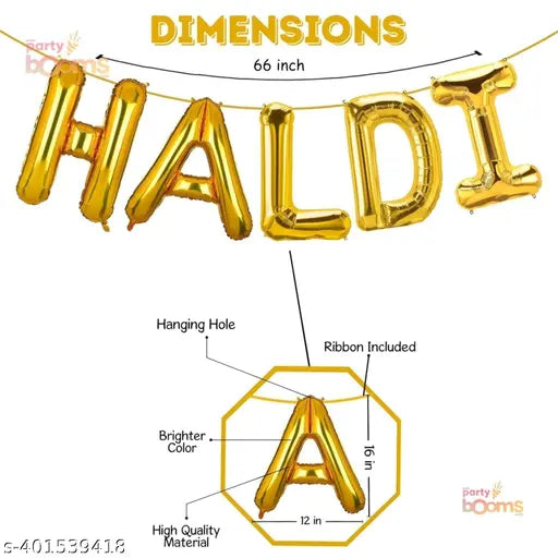 PartyBooms Haldi Foil Banner, 2 Gold Curtians, 50 pcs Gold Metalic Balloons - Pack of 53