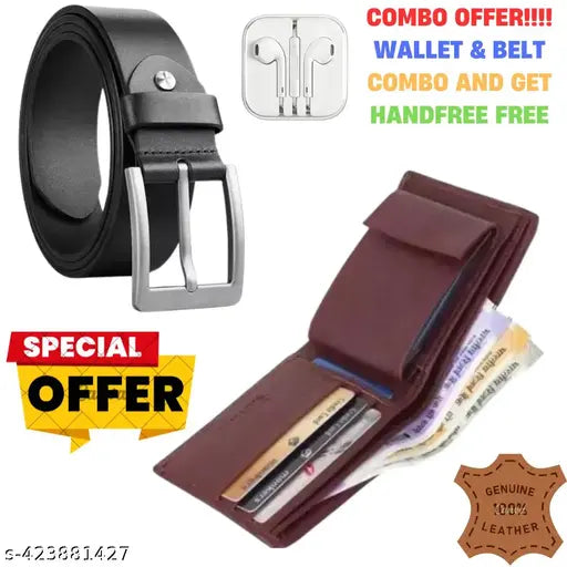 Trendy Premium Men's Wallet and Belt Combo AND GET WIRED HANDFREE FREE