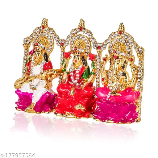 Lord Laxmi Ganesha Sarswati Idol | Laxmi Ganesha Sarswati Ashirwad Idol Metal Statue for Car Dashboard | Mandir Pooja Murti | Temple Puja | Diwali Puja | Home Decor | Office Showpiece