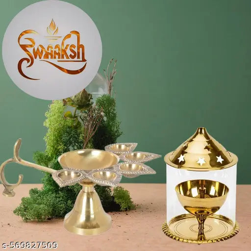 Brass Pancharti and Glass Enclosed Diya for Mandir Setup and Regular Pooja Rituals