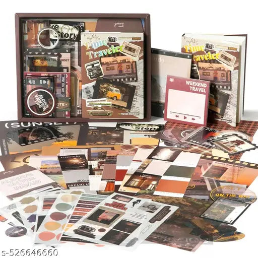 346pcs | Vintage Aesthetic Scrapbook Kit | Supplies Kit with A6 Grid Notebook, Washi Tape, Stickers, Scrapbook Paper, Envelopes, Journaling Cards, and Decorative Stamps (Time Traveler Theme)