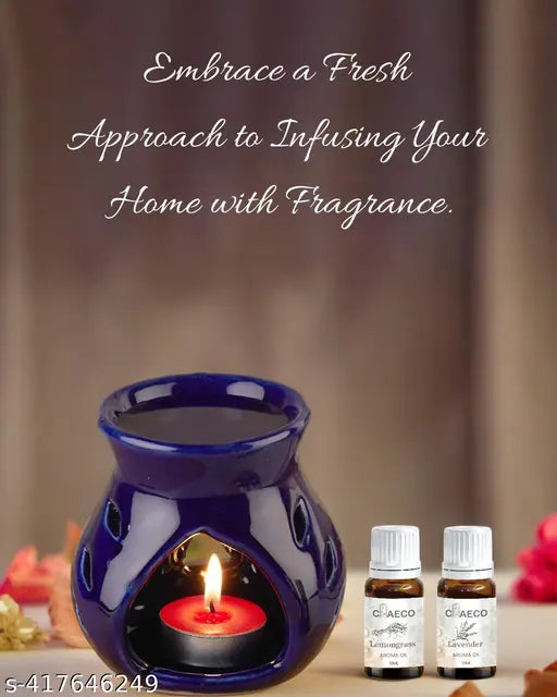 CHEECO Oil Burner Candle Diffuser for Home Fragrance, with 1 T-Light & 2 10 ml Aroma Oil-Fragrance Lemon Grass & Lavender (Blue Diffuser Pot)