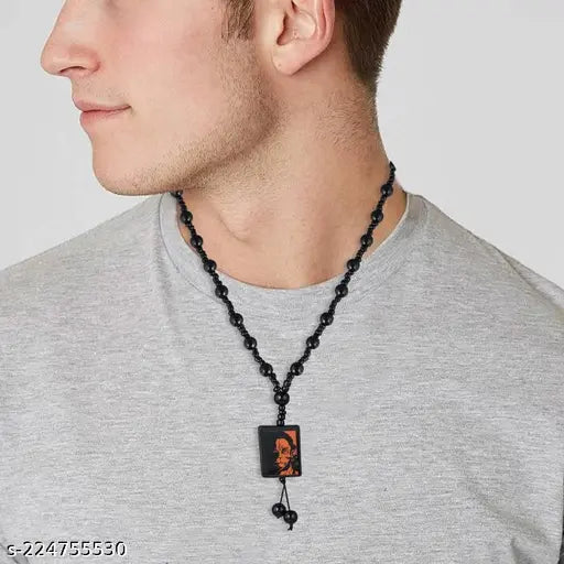 Black Brass God of Strength Hanuman Pawan Putra Bajrangbali Black Bead Mala Necklace Pendant Locket Religious Spiritual Temple Jewellery For Men And Women